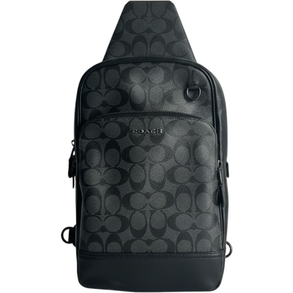 Coach Graham Pack Charcoal‎ Black Signature Canvas Leather Sling Bag C2932 New